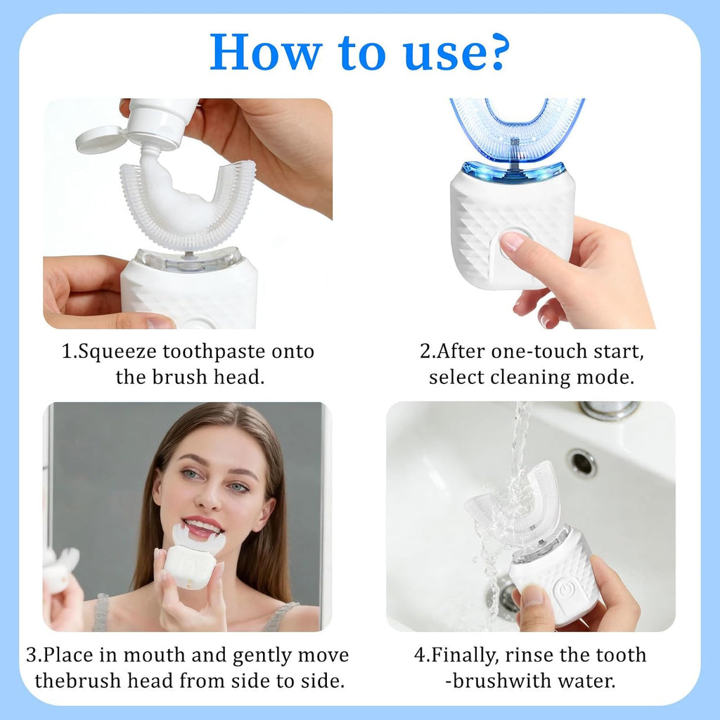 U-Shaped Sonic Toothbrush for Adults,Automatic Toothbrush 360°Silicone Cold Light Gentle Care,Portable Travel Design